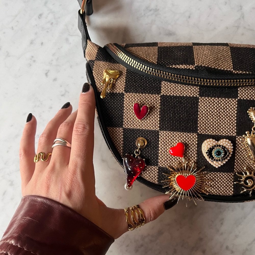 Valentine’s Day Checkered Crossbody Bag with Heart Charms